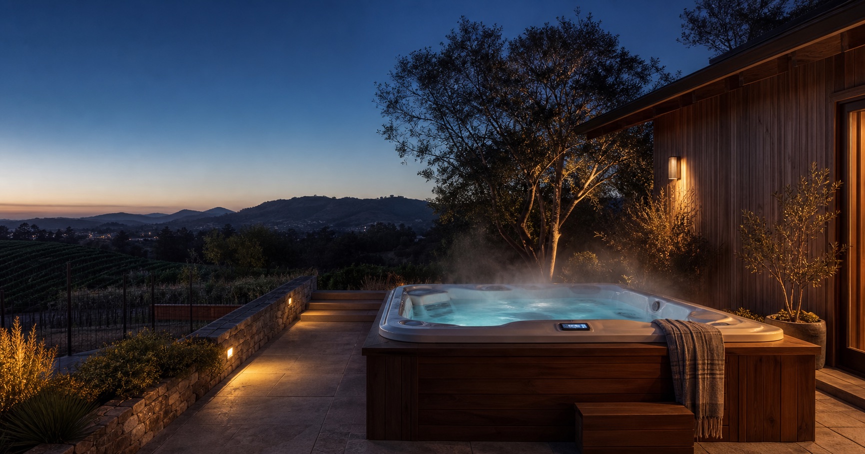 Private hot tub overlooking Sonoma County wine-country hills at blue hour