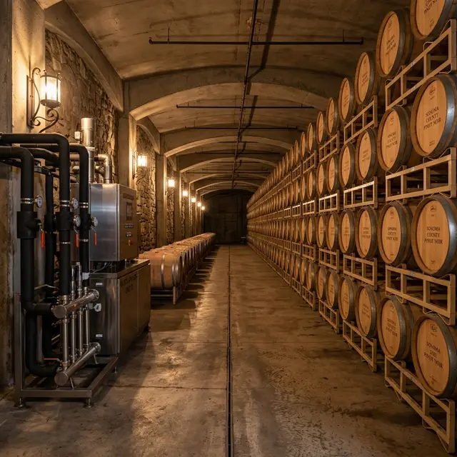 Barrel cellar with refrigeration and glycol equipment